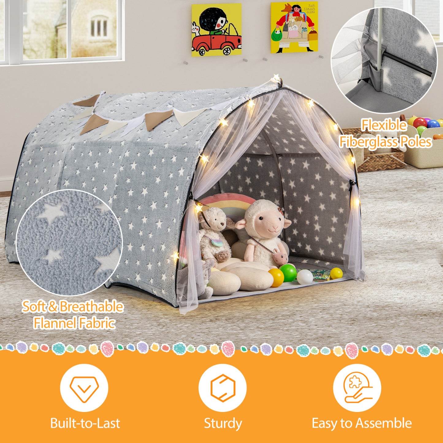 Kids Dream Bed Tent, Twin Size, Glow In The Dark Stars, Gray