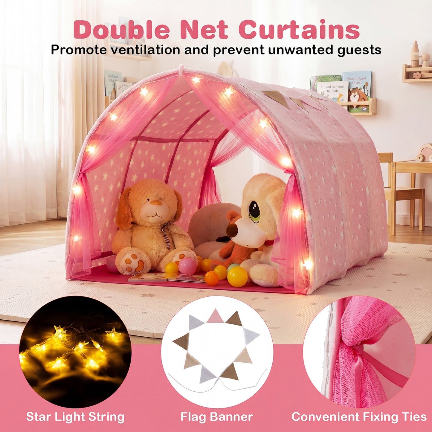 Kids Dream Bed Tent, Twin Size, Glow In The Dark Stars, Pink Play Tents & Playhouse at Gallery Canada