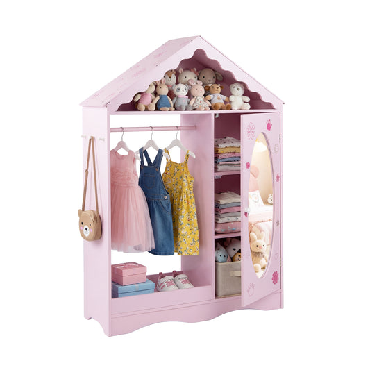 Kids Dress Up Storage with Mirror Roofed Wardrobe Closet with Open Hanging Rack, Pink Kids Storage Pink at Gallery Canada