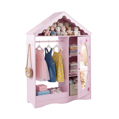 Kids Dress Up Storage with Mirror Roofed Wardrobe Closet with Open Hanging Rack, Pink Kids Storage at Gallery Canada