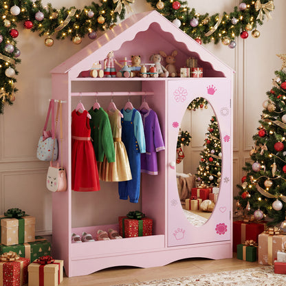 Kids Dress Up Storage with Mirror Roofed Wardrobe Closet with Open Hanging Rack, Pink Kids Storage at Gallery Canada