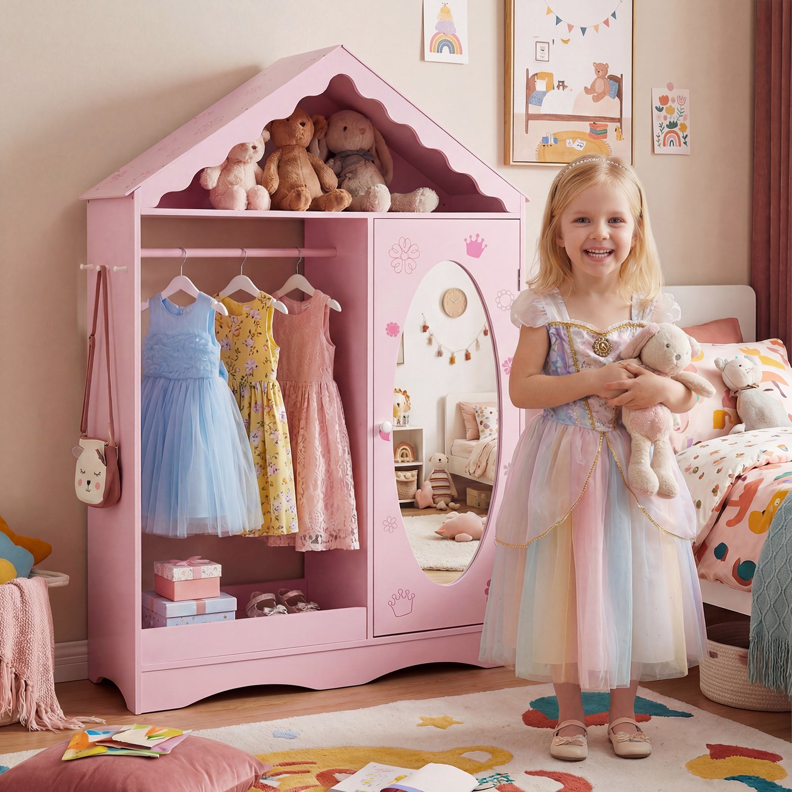 Kids Dress Up Storage with Mirror Roofed Wardrobe Closet with Open Hanging Rack, Pink Kids Storage at Gallery Canada