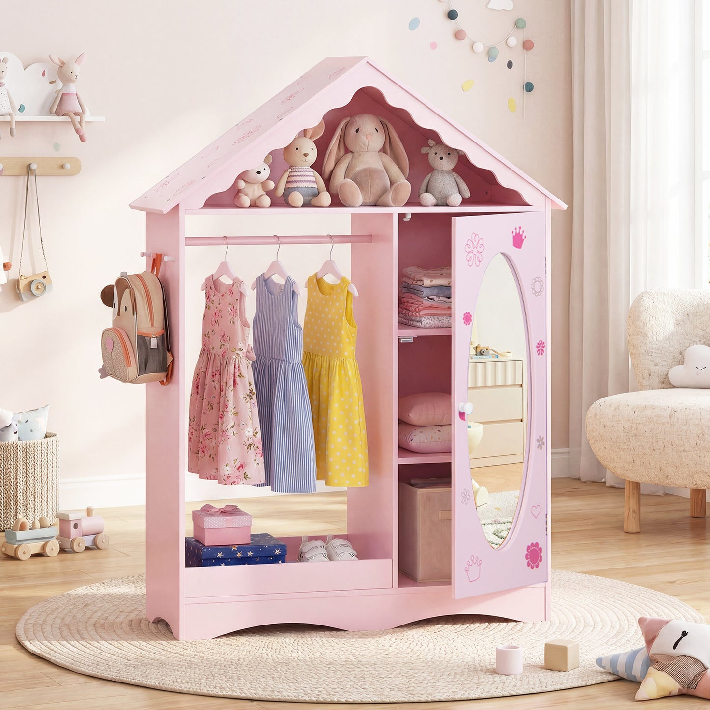 Kids Dress Up Storage with Mirror Roofed Wardrobe Closet with Open Hanging Rack, Pink Kids Storage at Gallery Canada