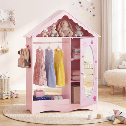 Kids Dress Up Storage with Mirror Roofed Wardrobe Closet with Open Hanging Rack, Pink Kids Storage at Gallery Canada