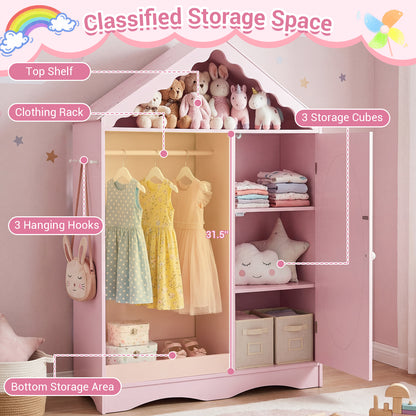 Kids Dress Up Storage with Mirror Roofed Wardrobe Closet with Open Hanging Rack, Pink Kids Storage at Gallery Canada