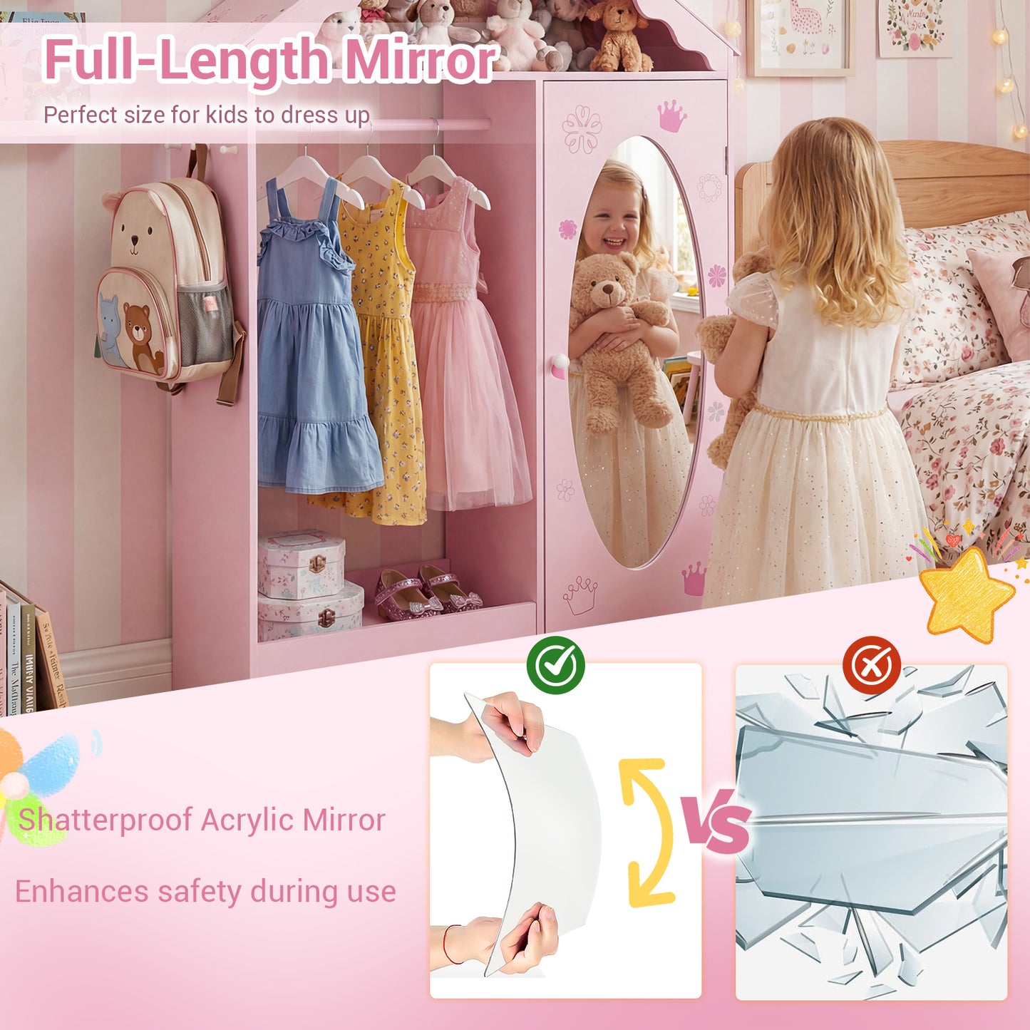 Kids Dress Up Storage with Mirror Roofed Wardrobe Closet with Open Hanging Rack, Pink Kids Storage at Gallery Canada