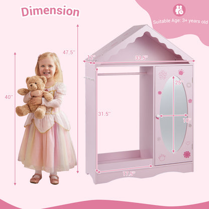 Kids Dress Up Storage with Mirror Roofed Wardrobe Closet with Open Hanging Rack, Pink Kids Storage at Gallery Canada