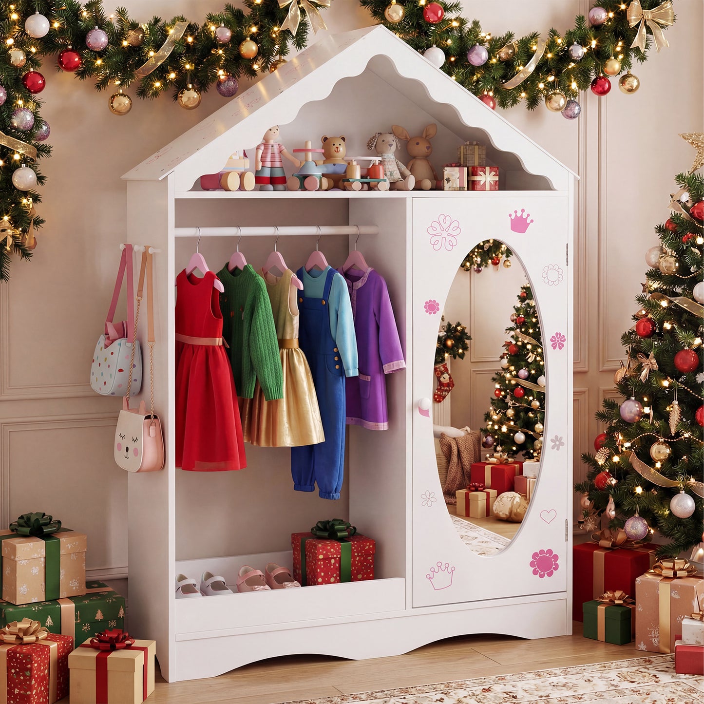 Kids Dress Up Storage with Mirror Roofed Wardrobe Closet with Open Hanging Rack, White Kids Storage at Gallery Canada