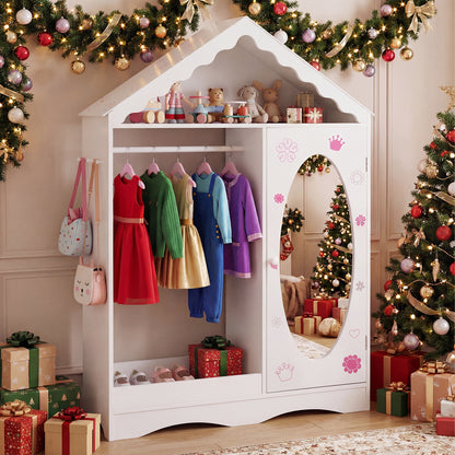 Kids Dress Up Storage with Mirror Roofed Wardrobe Closet with Open Hanging Rack, White Kids Storage at Gallery Canada