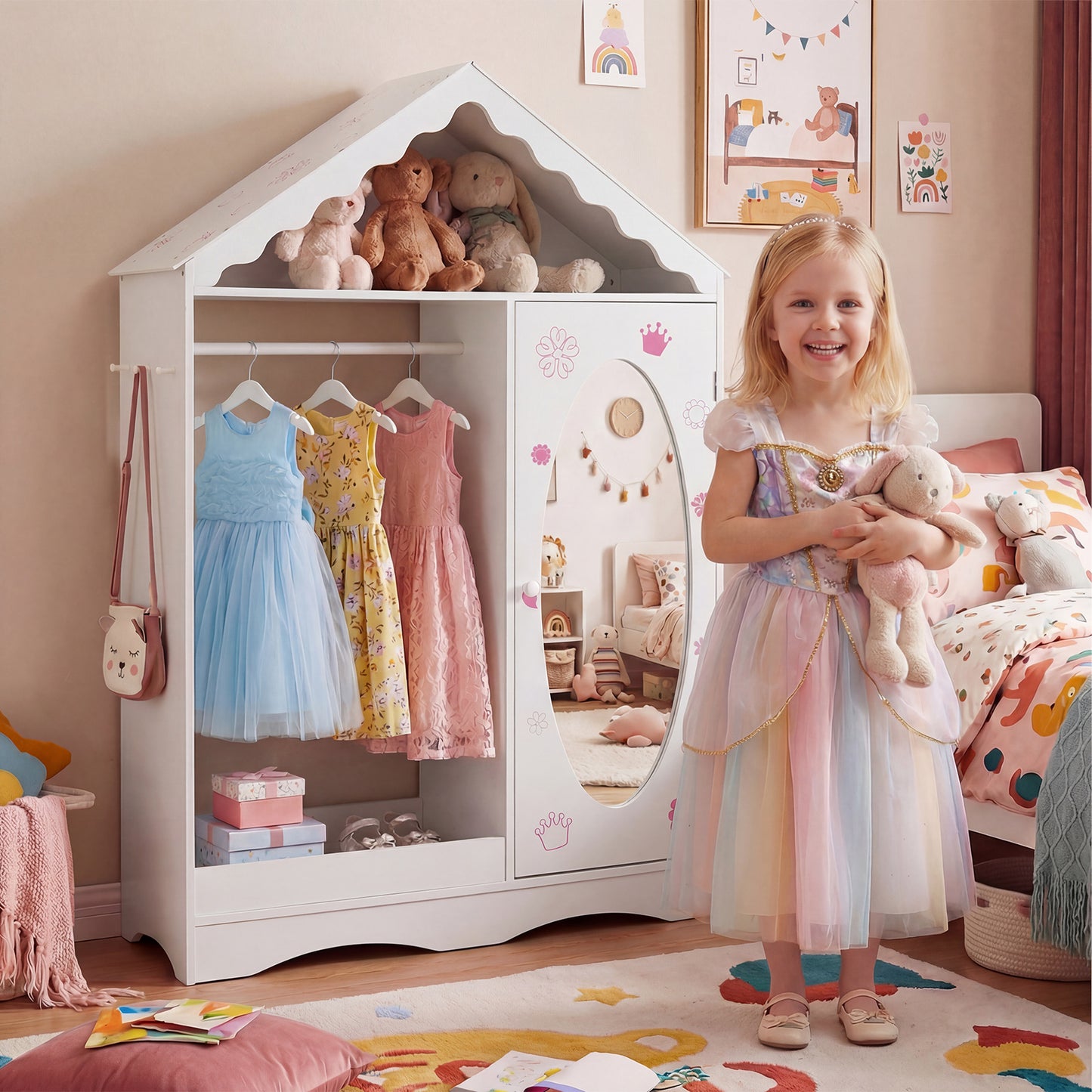 Kids Dress Up Storage with Mirror Roofed Wardrobe Closet with Open Hanging Rack, White Kids Storage at Gallery Canada