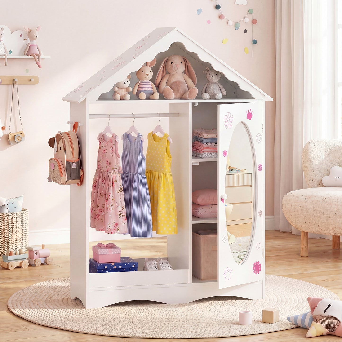 Kids Dress Up Storage with Mirror Roofed Wardrobe Closet with Open Hanging Rack, White Kids Storage at Gallery Canada