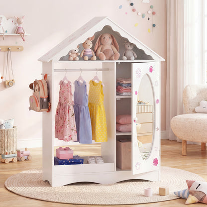 Kids Dress Up Storage with Mirror Roofed Wardrobe Closet with Open Hanging Rack, White Kids Storage at Gallery Canada