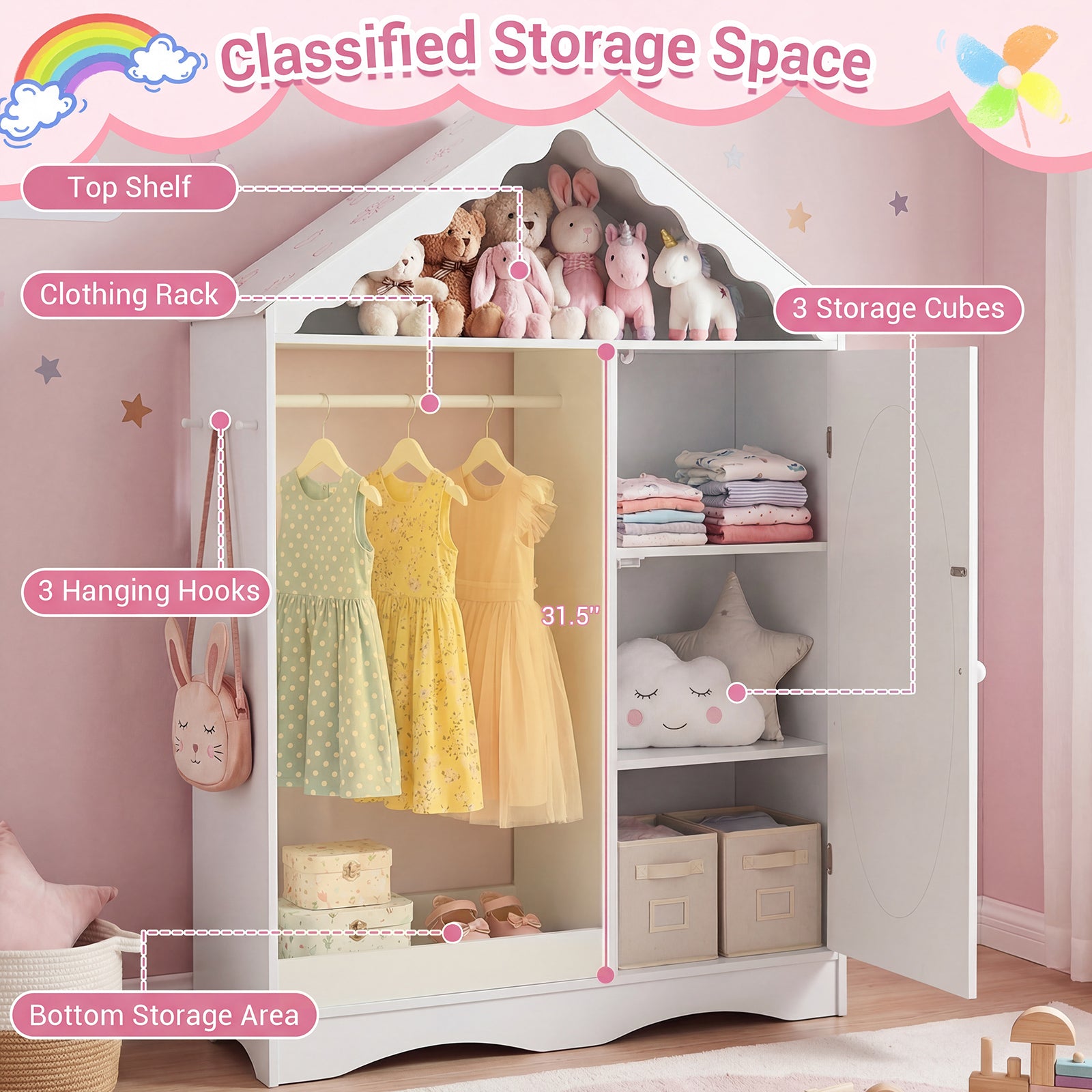 Kids Dress Up Storage with Mirror Roofed Wardrobe Closet with Open Hanging Rack, White Kids Storage at Gallery Canada