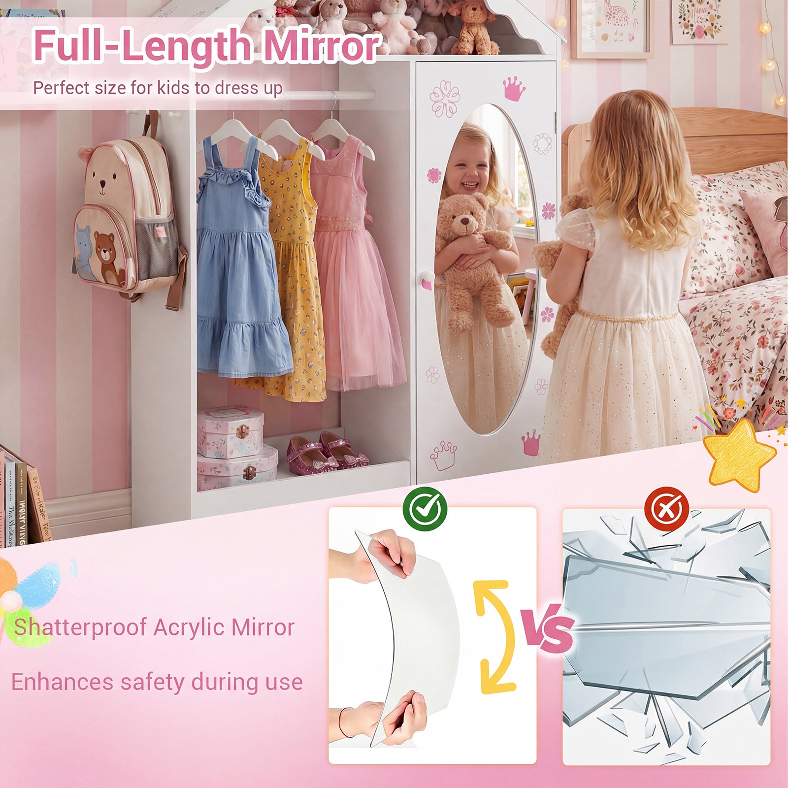 Kids Dress Up Storage with Mirror Roofed Wardrobe Closet with Open Hanging Rack, White Kids Storage at Gallery Canada