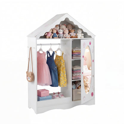 Kids Dress Up Storage with Mirror Roofed Wardrobe Closet with Open Hanging Rack, White Kids Storage White at Gallery Canada