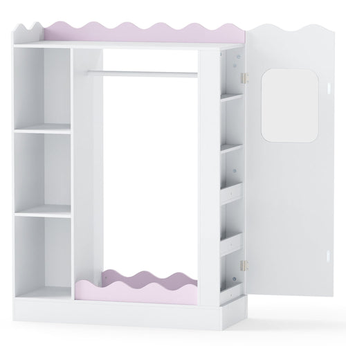Kids Dress Up Storage with Mirrors and Hanging Rack and Shelves for Bedroom, White & Pink