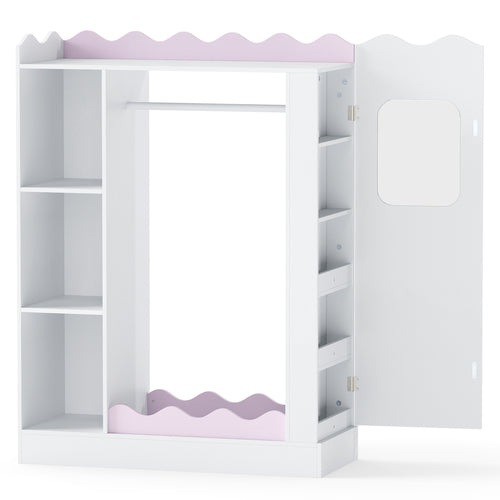 Kids Dress Up Storage with Mirrors and Hanging Rack and Shelves for Bedroom, White & Pink
