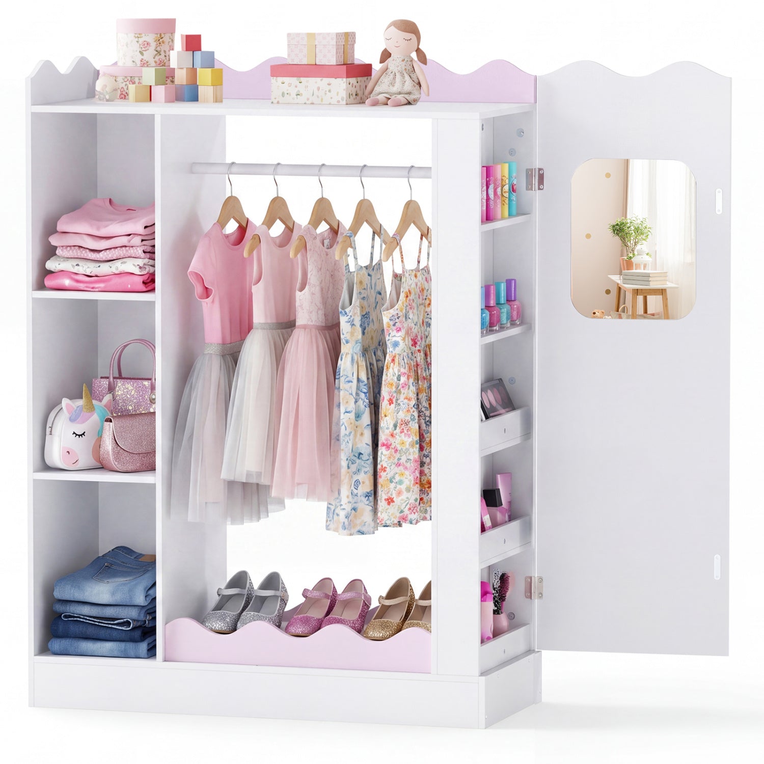 Kids Dress Up Storage with Mirrors and Hanging Rack and Shelves for Bedroom, White & Pink Kids Storage at Gallery Canada