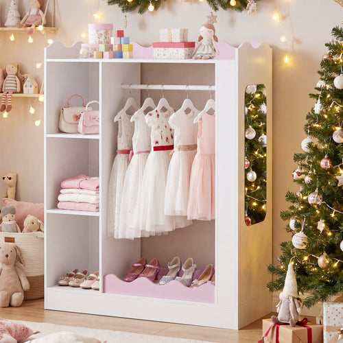 Kids Dress Up Storage with Mirrors and Hanging Rack and Shelves for Bedroom, White & Pink