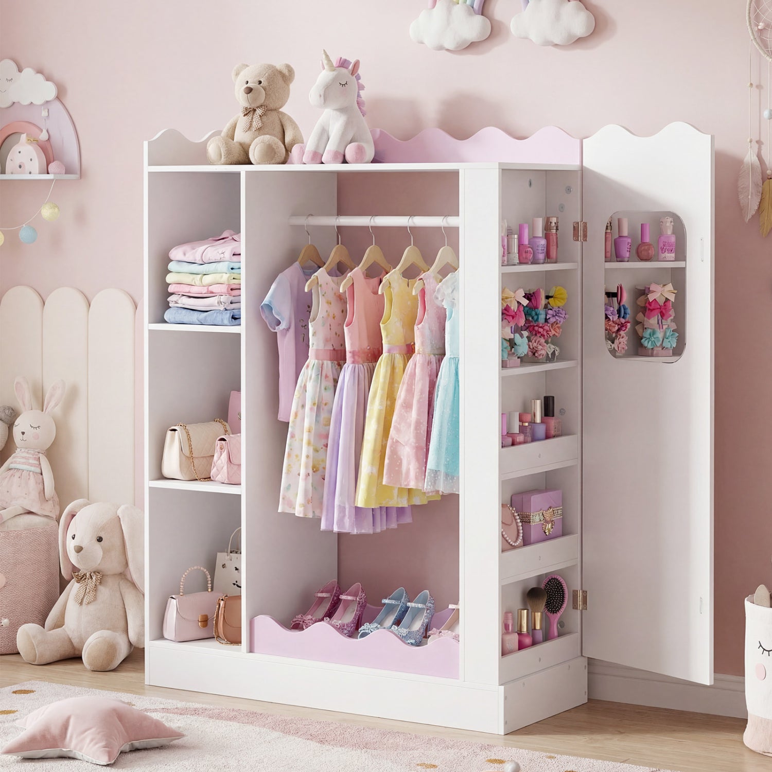 Kids Dress Up Storage with Mirrors and Hanging Rack and Shelves for Bedroom, White & Pink Kids Storage at Gallery Canada