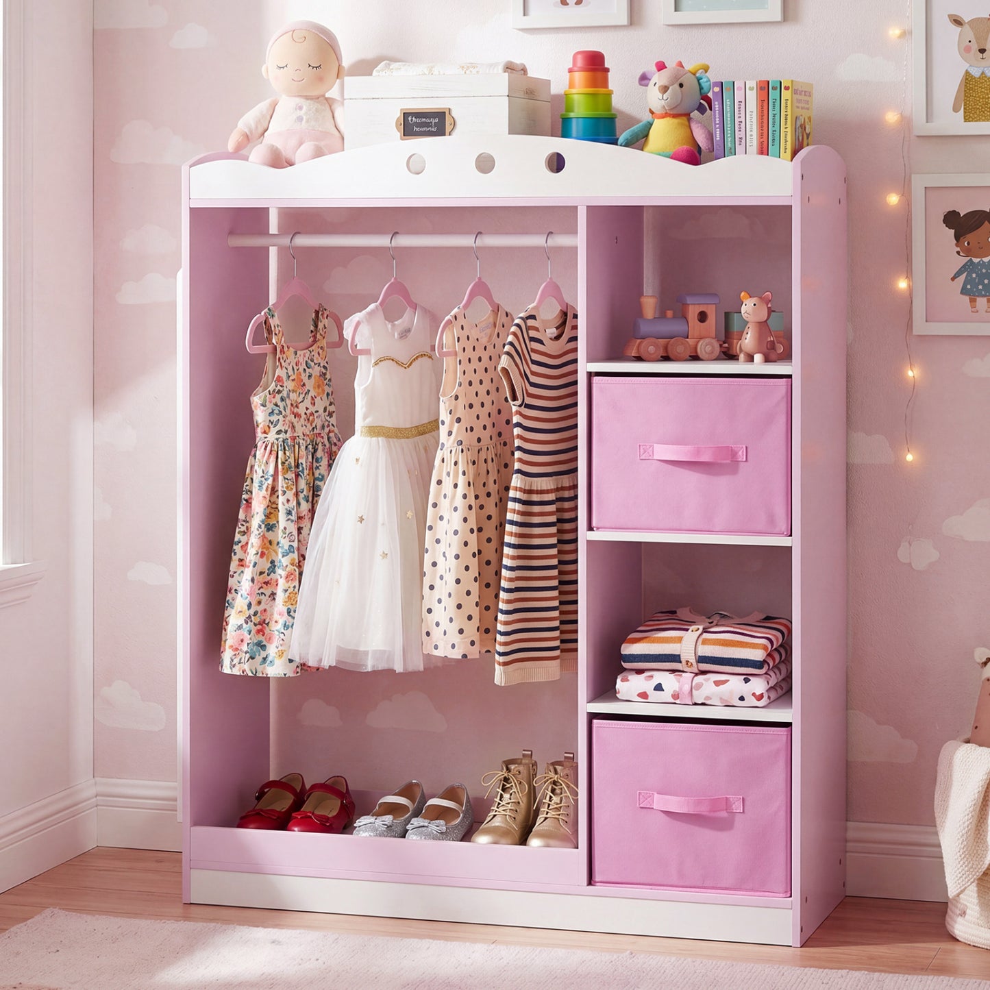 Kids Dress Up Storage with Full Length Mirror and Open Shelves, Pink Kids Storage at Gallery Canada