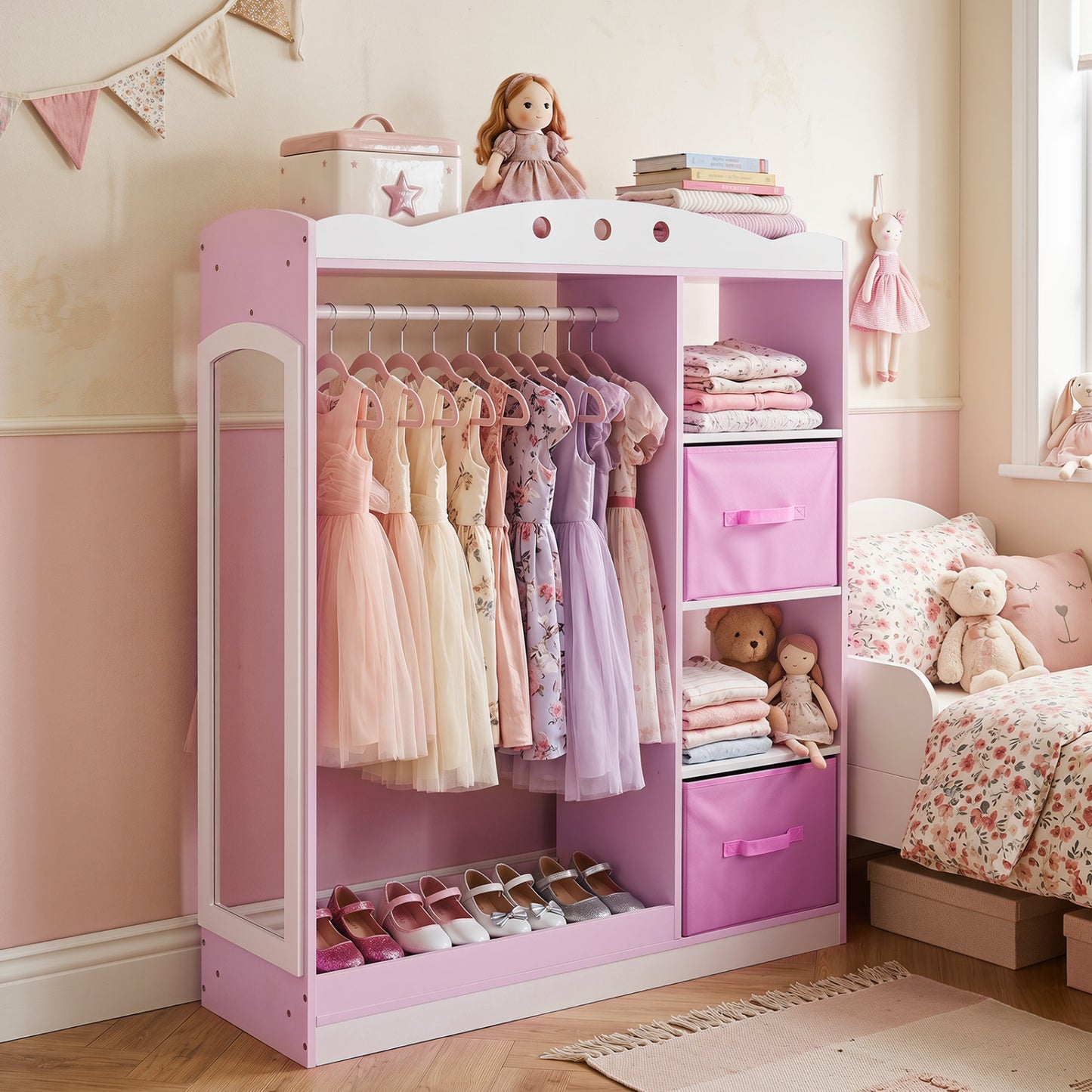 Kids Dress Up Storage with Full Length Mirror and Open Shelves, Pink Kids Storage at Gallery Canada