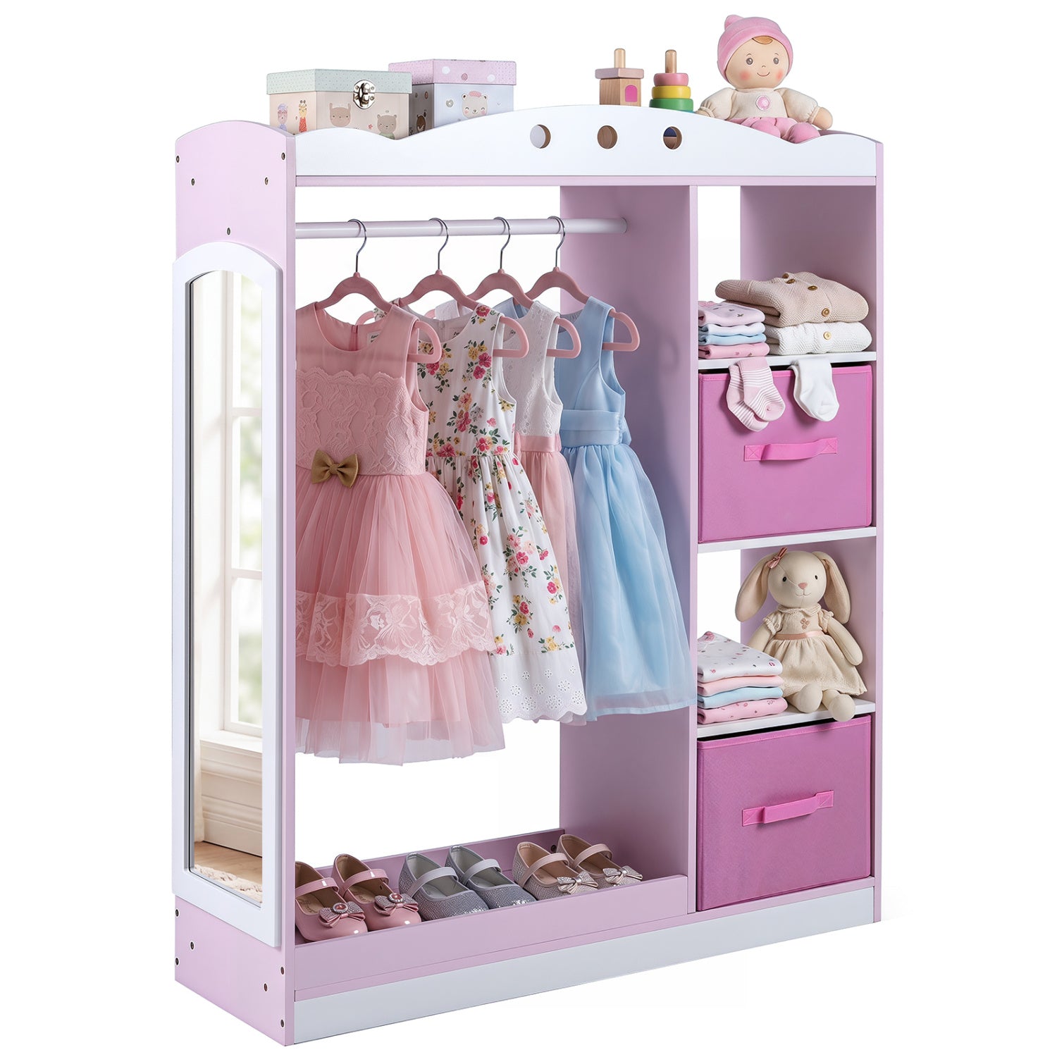 Kids Dress Up Storage with Full Length Mirror and Open Shelves, Pink Kids Storage at Gallery Canada