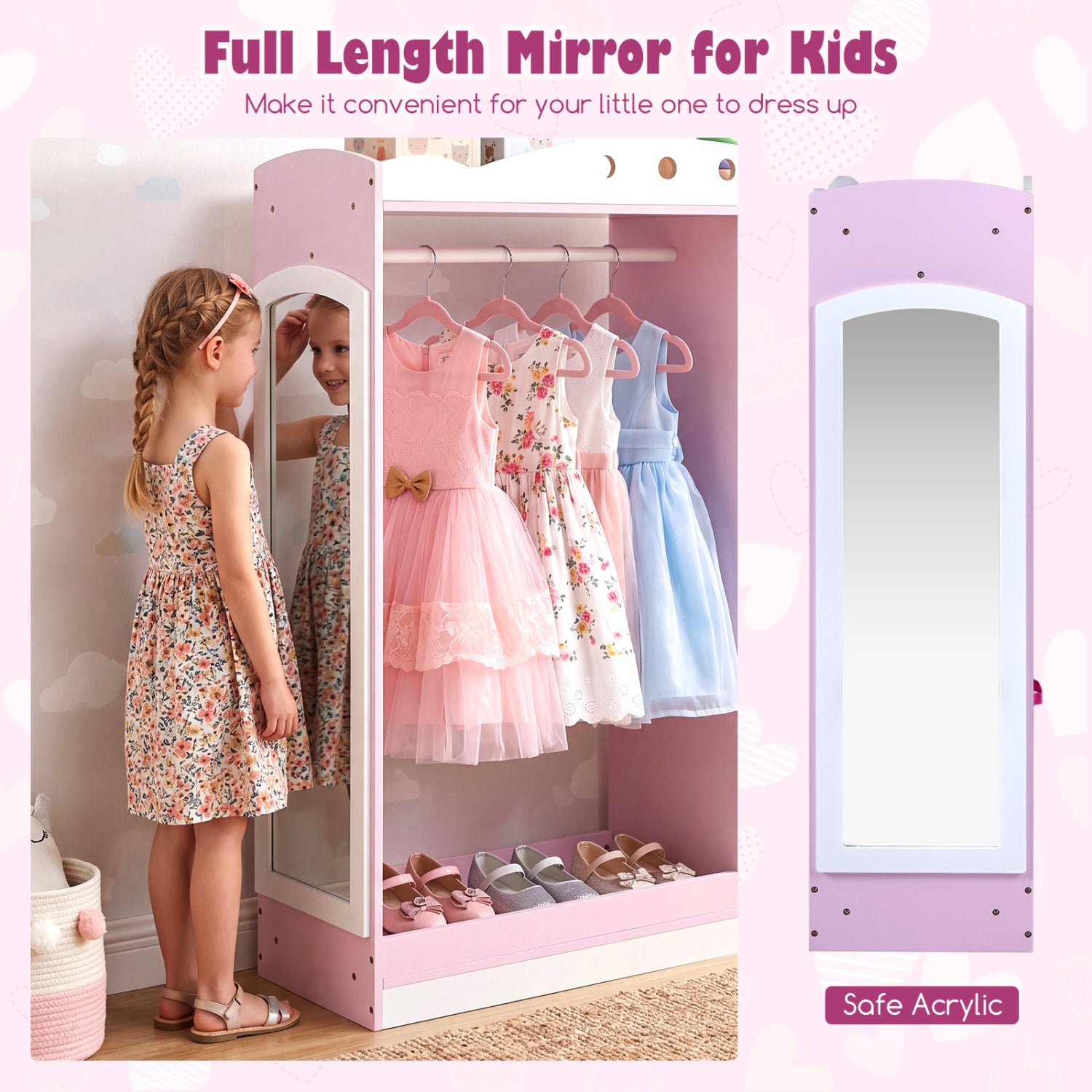 Kids Dress Up Storage with Full Length Mirror and Open Shelves, Pink Kids Storage at Gallery Canada