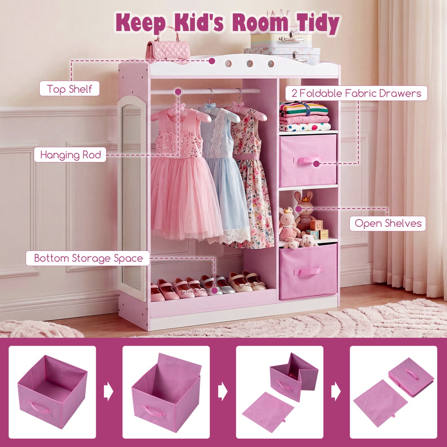 Kids Dress Up Storage with Full Length Mirror and Open Shelves, Pink Kids Storage at Gallery Canada