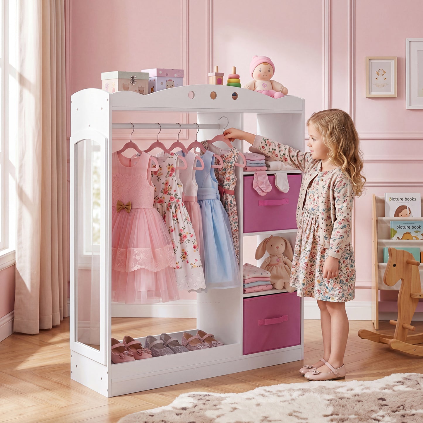 Kids Dress Up Storage With Mirror & Shelves, White