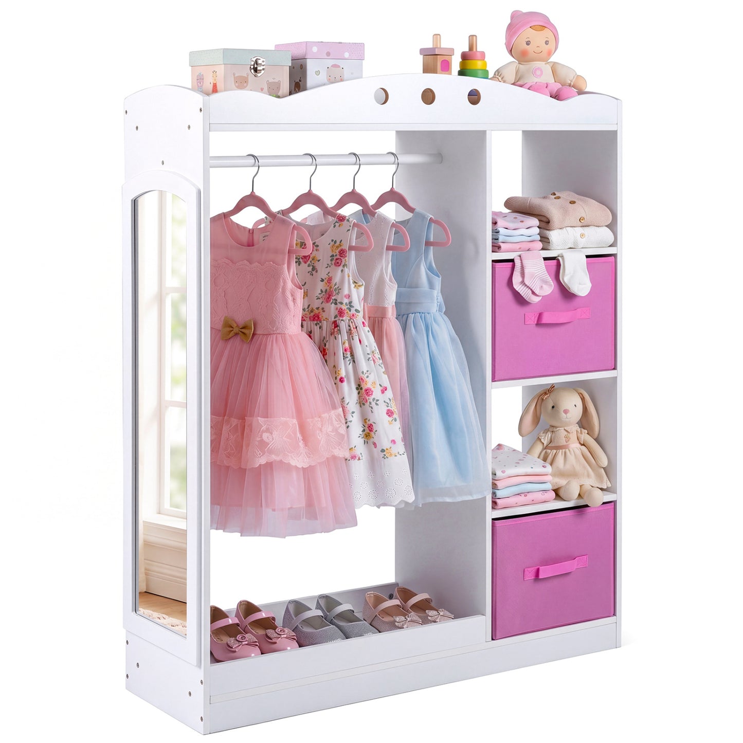Kids Dress Up Storage With Mirror & Shelves, White