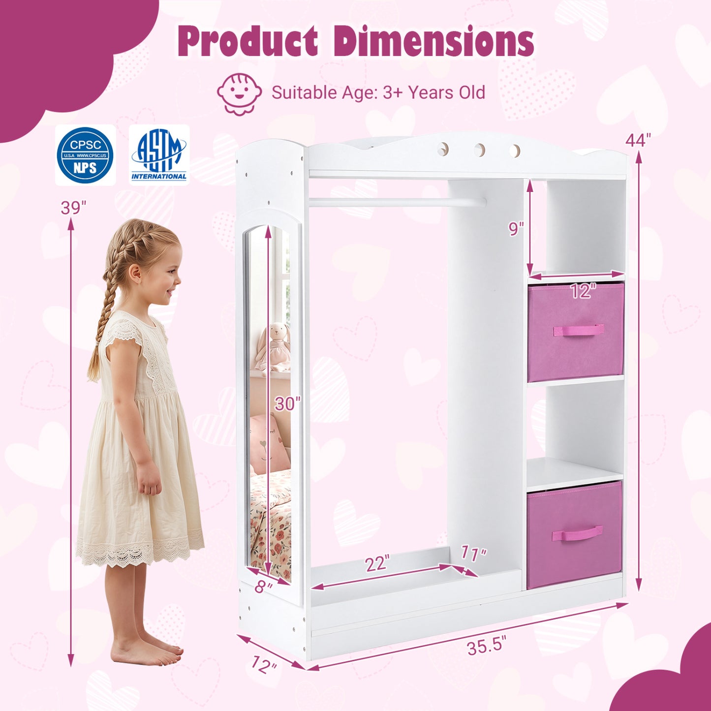 Kids Dress Up Storage With Mirror & Shelves, White