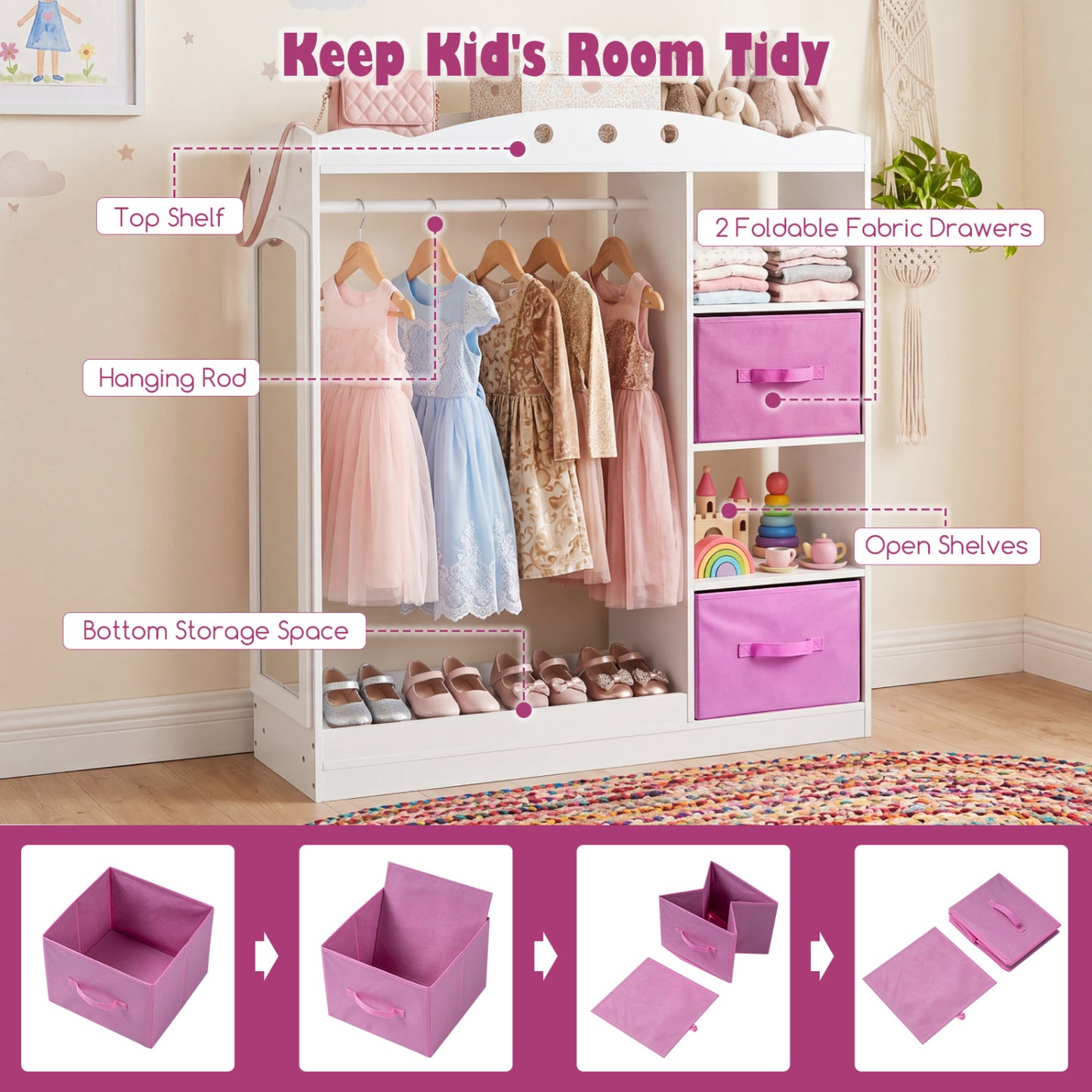 Kids Dress Up Storage With Mirror & Shelves, White