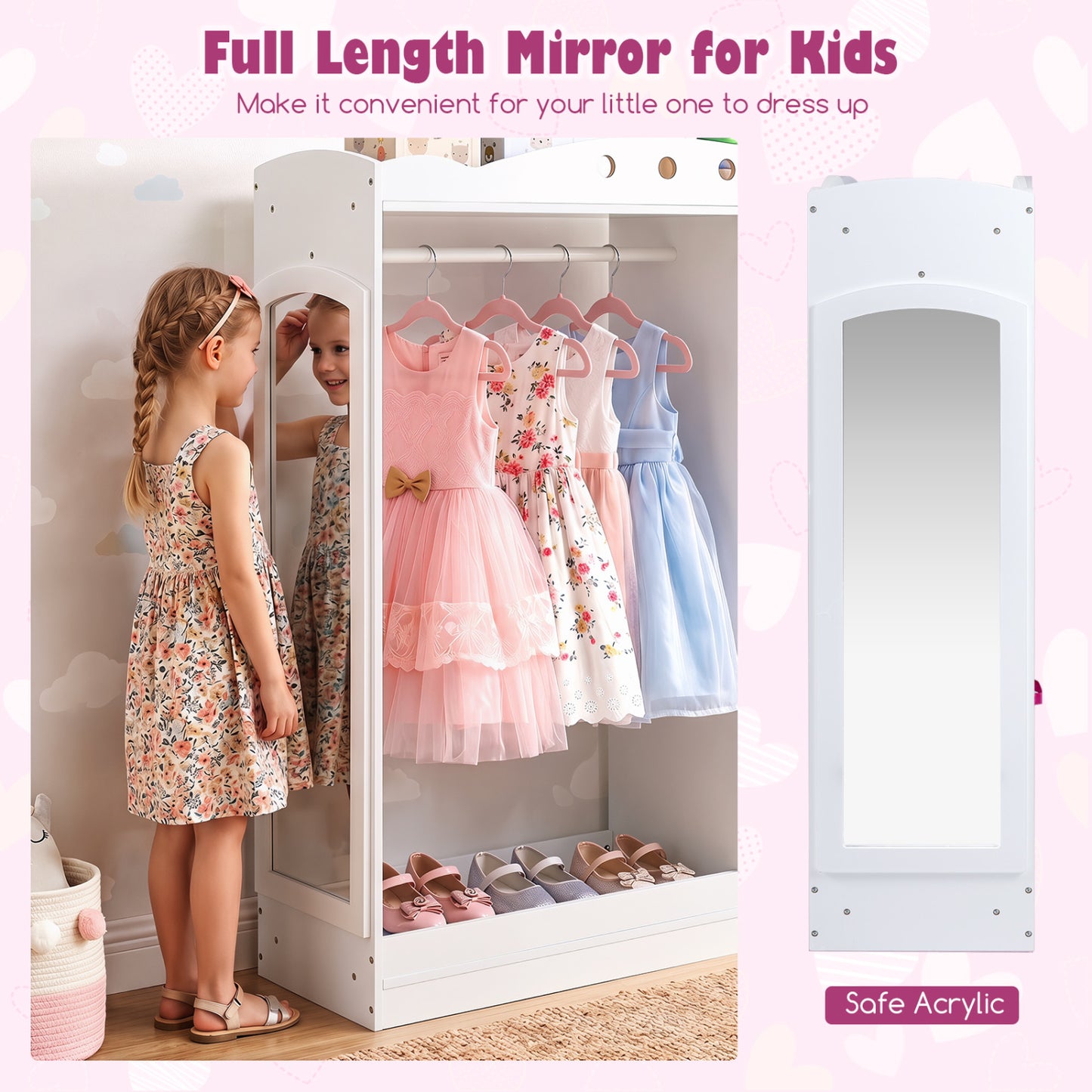 Kids Dress Up Storage With Mirror & Shelves, White