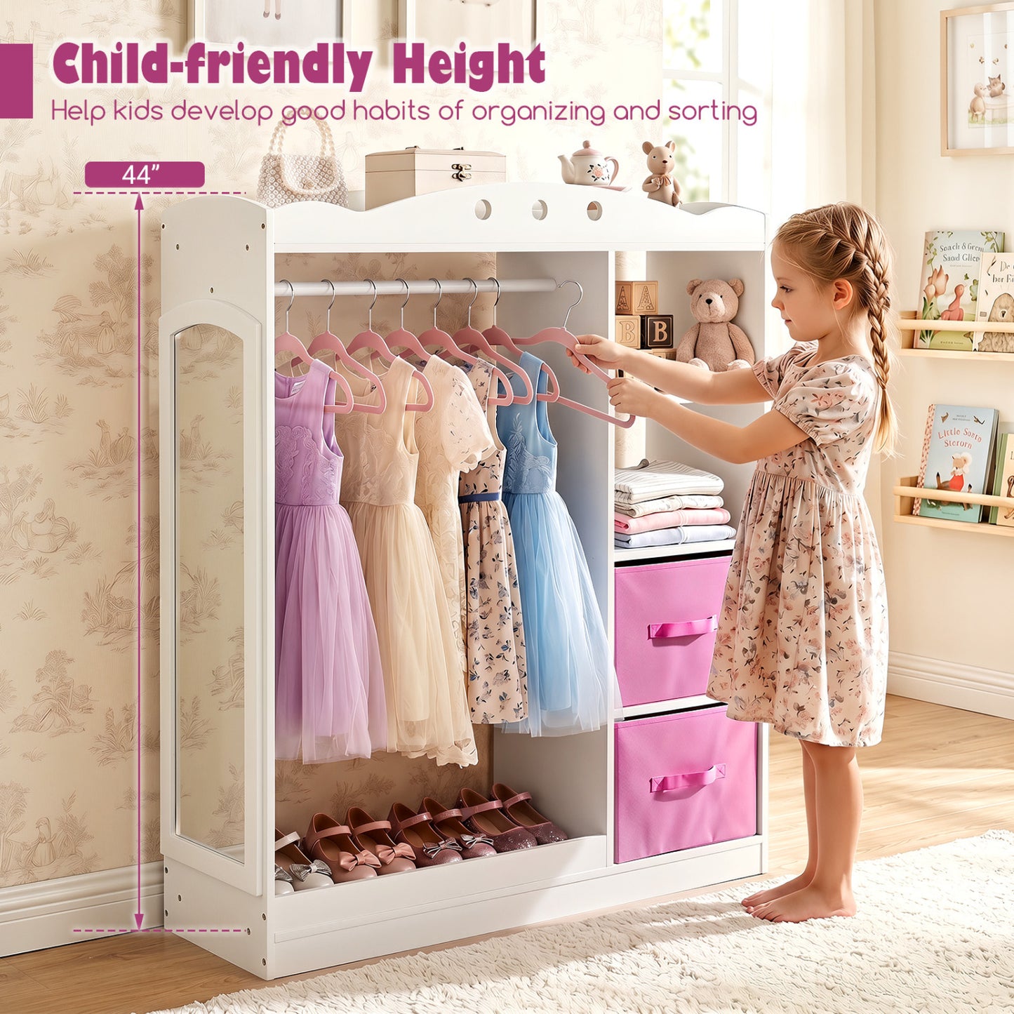 Kids Dress Up Storage With Mirror & Shelves, White