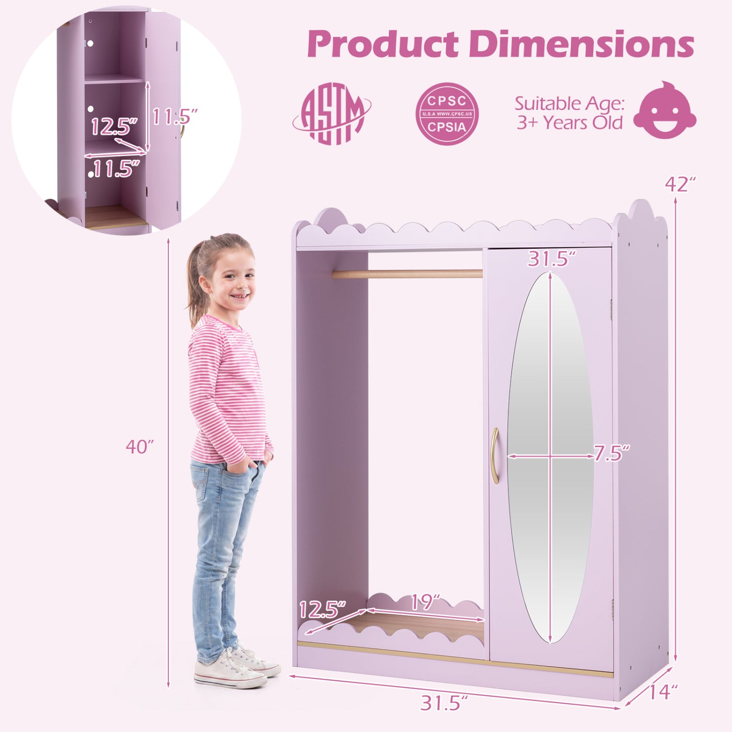 Kids Dress Up Storage with Mirror Door Cabinet, Pink