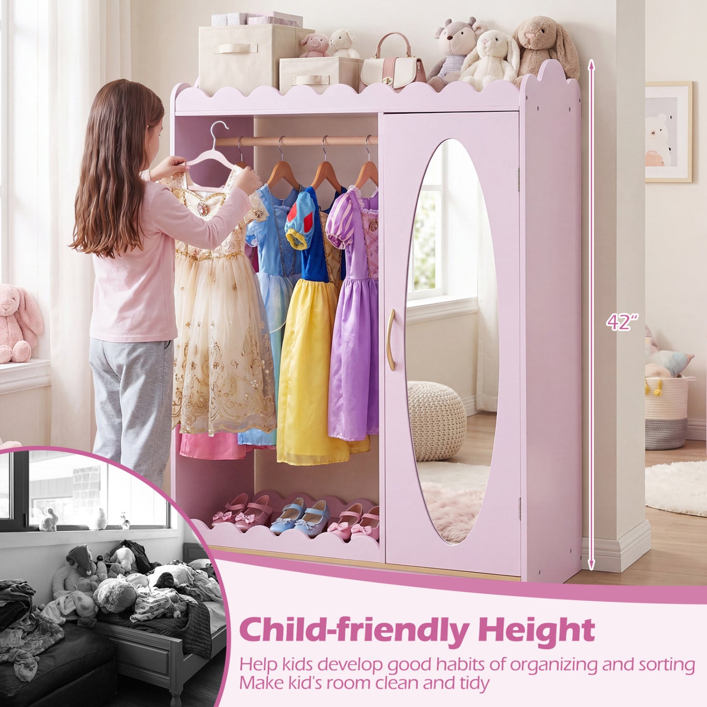 Kids Dress Up Storage with Mirror Door Cabinet, Pink