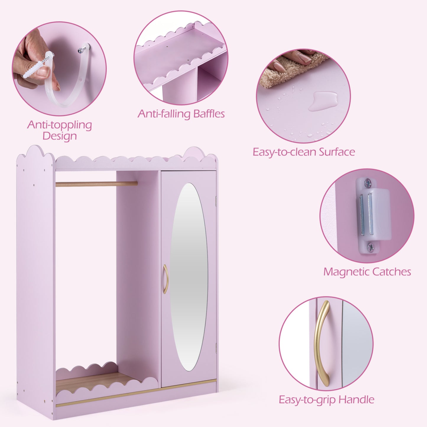 Kids Dress Up Storage with Mirror Door Cabinet, Pink