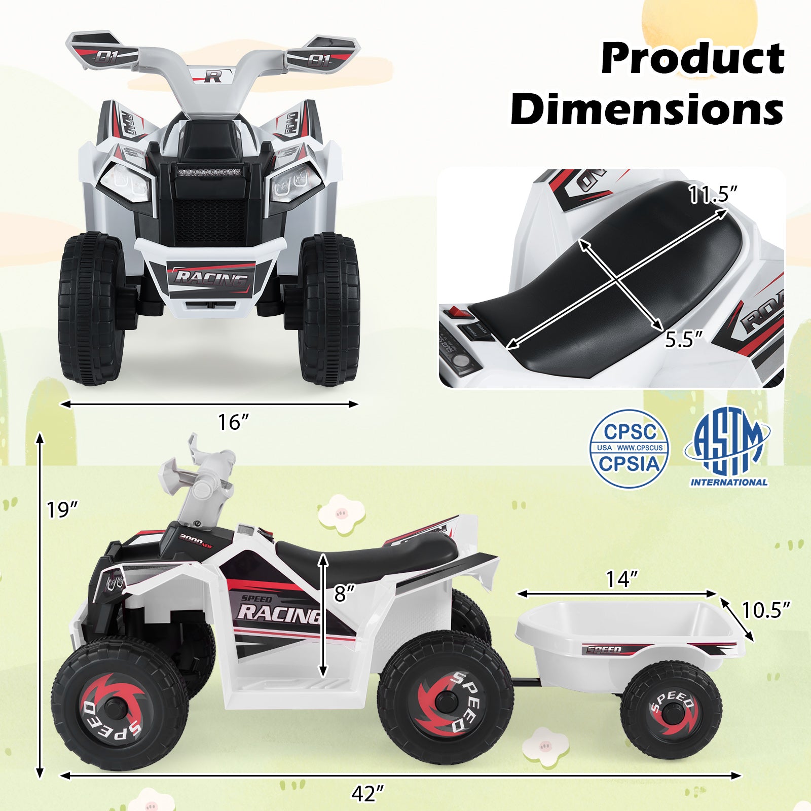 6V Kids Electric ATV Quad Car, With Detachable Trailer, White Powered Ride On Toys at Gallery Canada