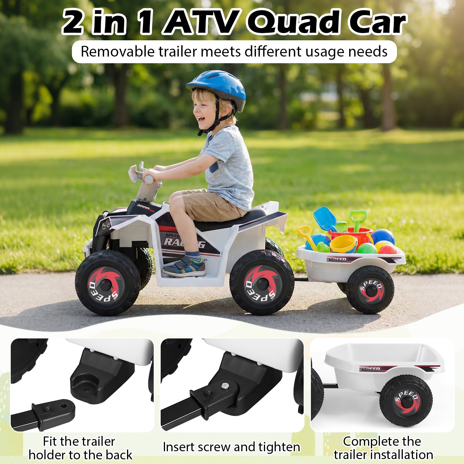 6V Kids Electric ATV Quad Car, With Detachable Trailer, White Powered Ride On Toys at Gallery Canada