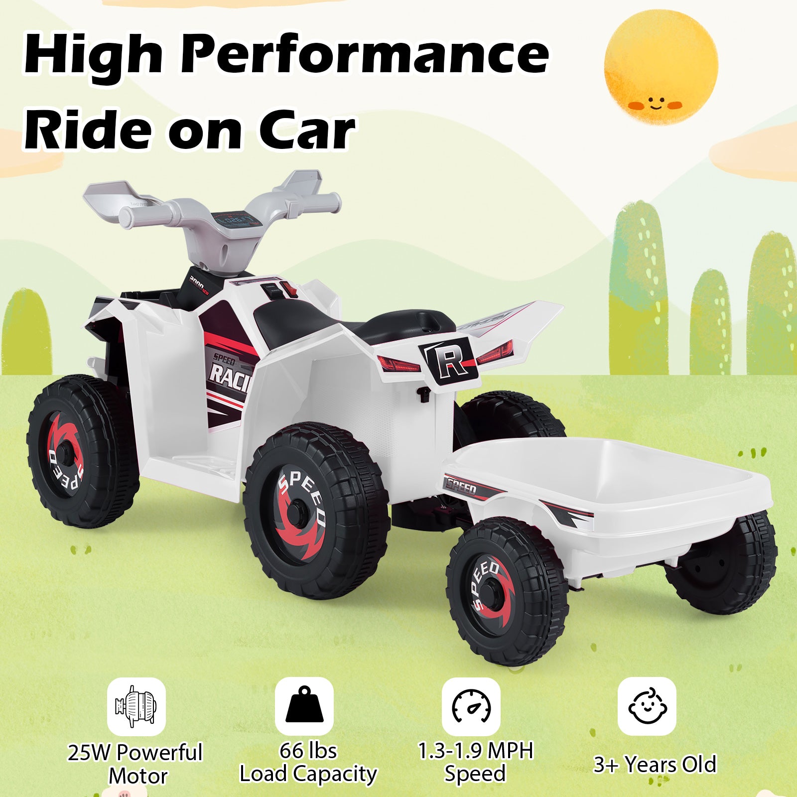 6V Kids Electric ATV Quad Car, With Detachable Trailer, White Powered Ride On Toys at Gallery Canada