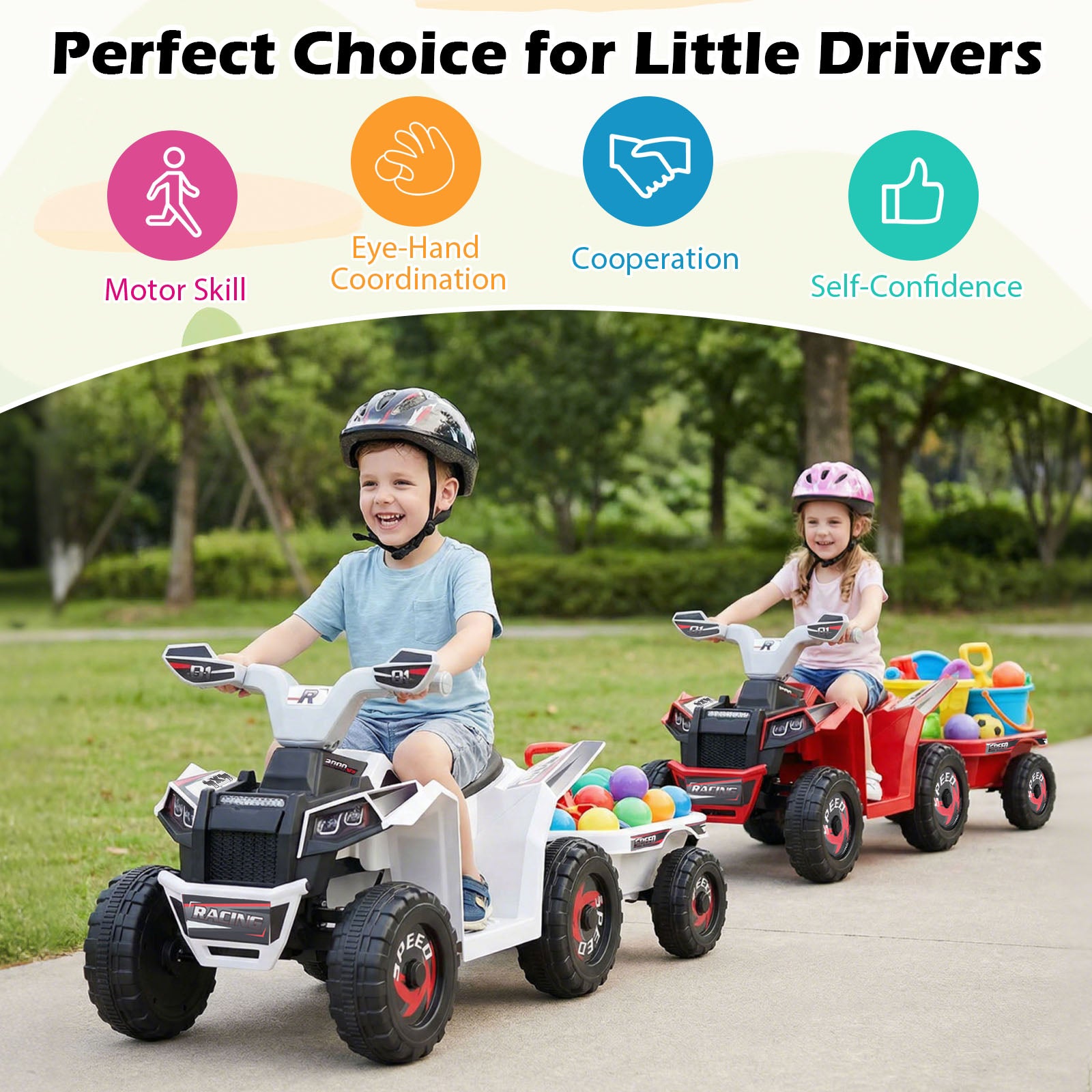 6V Kids Electric ATV Quad Car, With Detachable Trailer, White Powered Ride On Toys at Gallery Canada