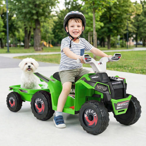 6V Kids Electric ATV Quad Car, Detachable Trailer, Green