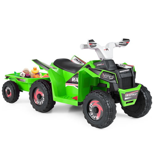 6V Kids Electric ATV Quad Car, Detachable Trailer, Green