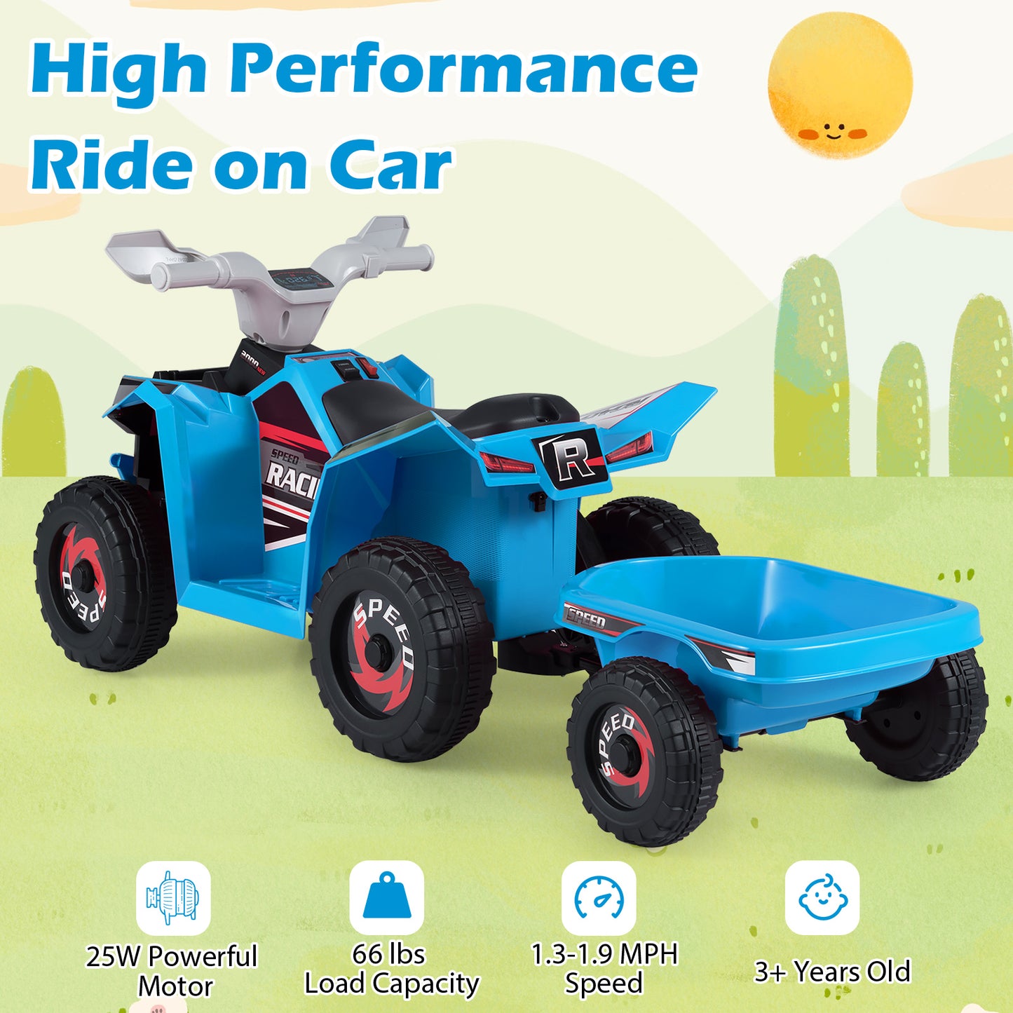 6V Kids Electric ATV Quad Car, Detachable Trailer, Navy Powered Ride On Toys at Gallery Canada