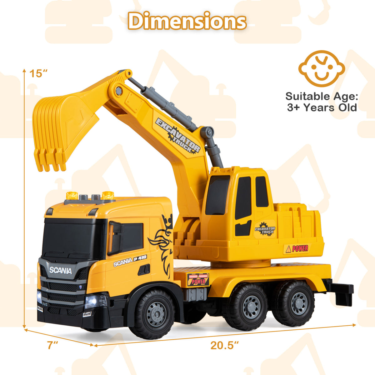 Camion excavateur jouet pour enfants, bras réglable, cabine rotative, jaune