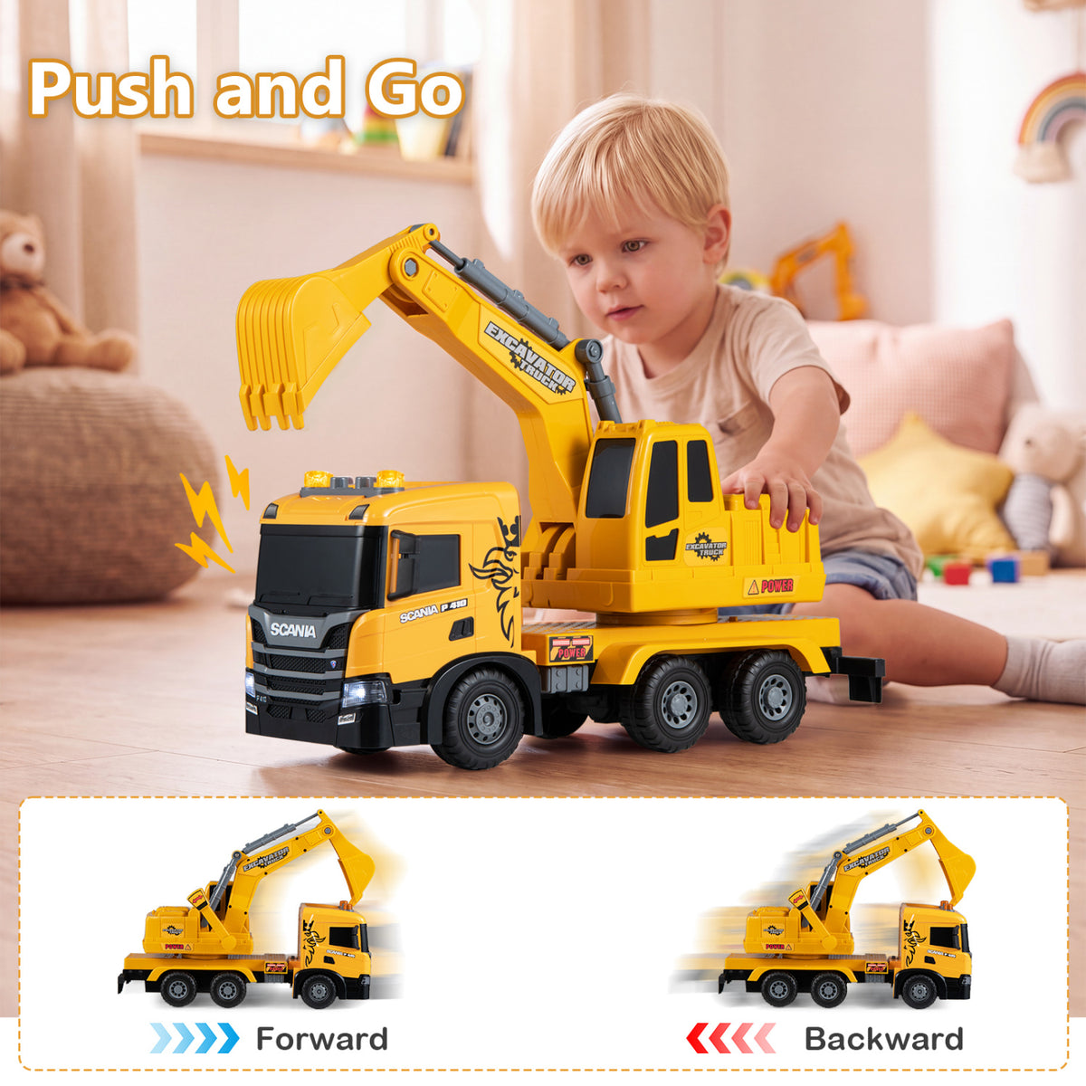 Camion excavateur jouet pour enfants, bras réglable, cabine rotative, jaune
