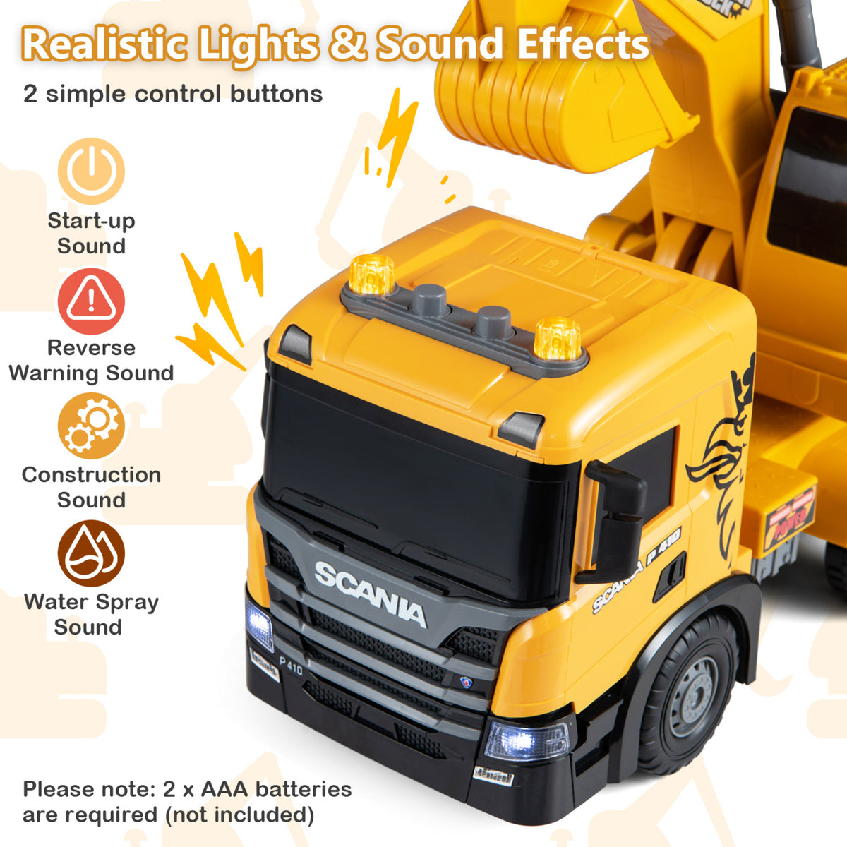 Camion excavateur jouet pour enfants, bras réglable, cabine rotative, jaune