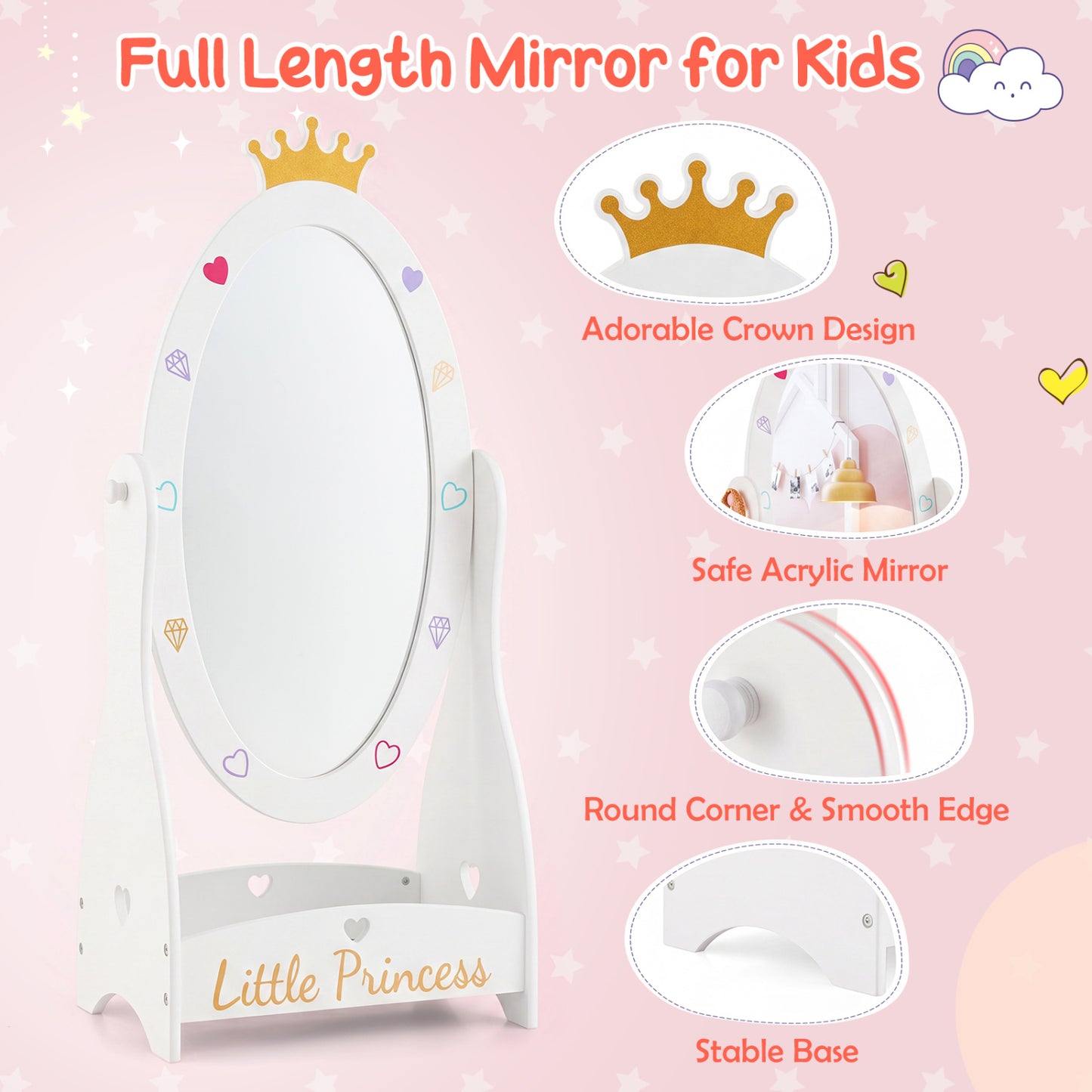 Full Length Mirror For Kids, 360 Rotatable, White