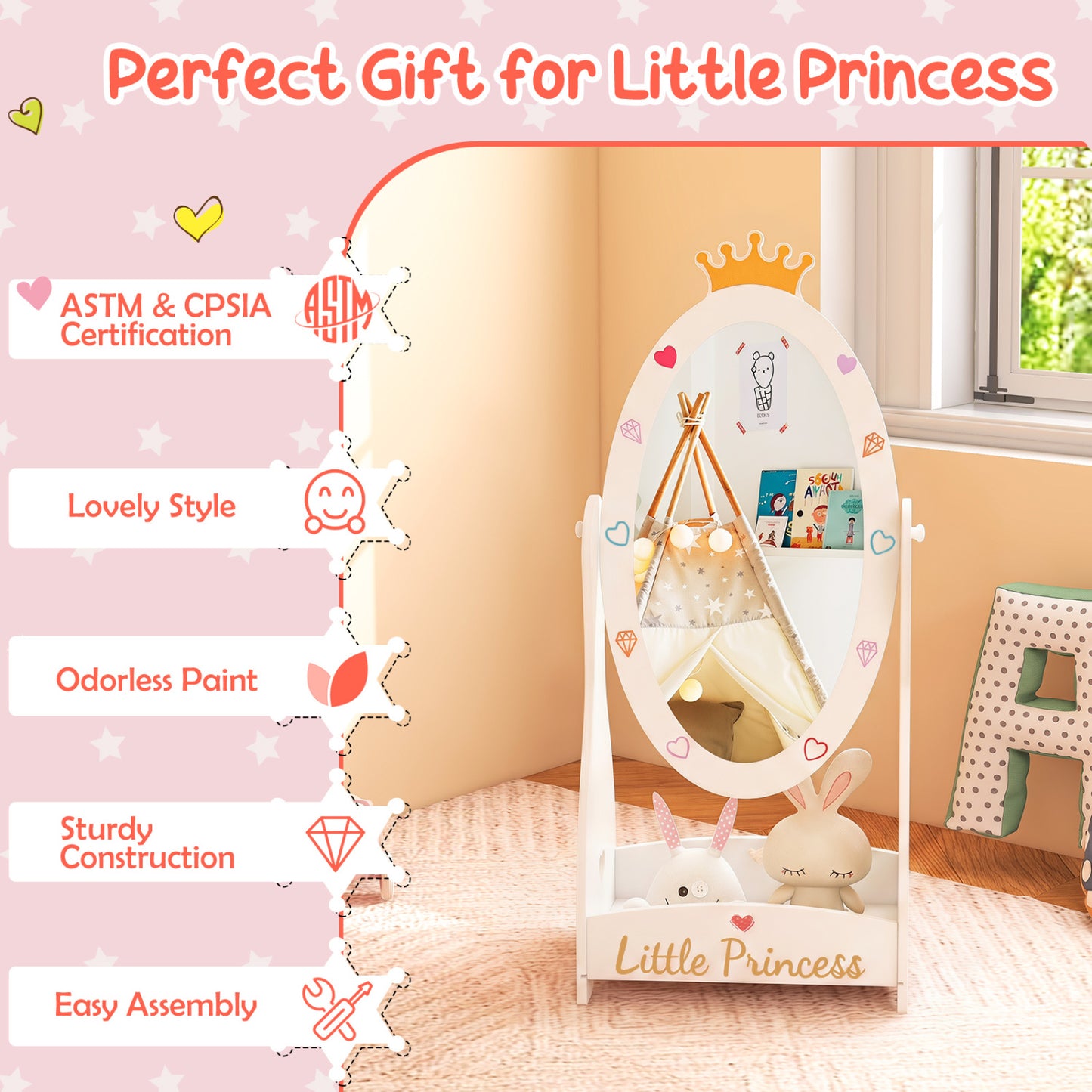 Full Length Mirror For Kids, 360 Rotatable, White